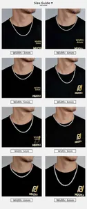 Size guide for tennis chain necklaces showing width comparisons from 3mm to 6mm on models