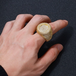 Hip hop gold plated round ring fully paved with sparkling cubic zirconia stones