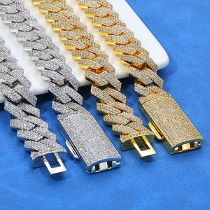Three rows of gold and silver hip hop cuban link bracelets with full zircon pavé stones