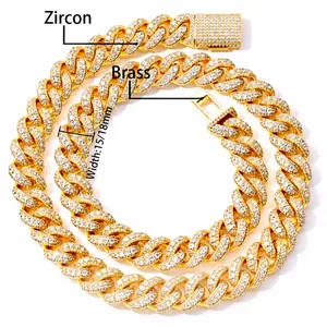 Close-up of 18mm gold plated brass Cuban link chain necklace with micro-pave zircons