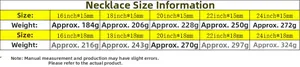 Size chart showing width, length, and weight for Cuban chain necklaces in 15mm and 18mm