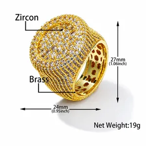 Detail view of the hip-hop ring showing sparkling white zircon inlay and gold finish