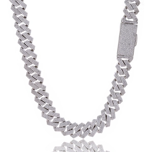 Iced out silver cuban link necklace with triple row diamonds and large rectangle clasp