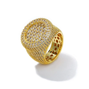 Hip hop gold plated round ring for men featuring full pavé set white zircon stones