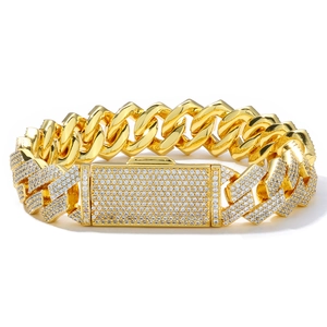 Iced out gold Cuban link bracelet for men with triple row pave diamond zircon details