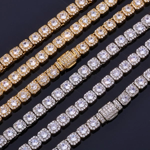 Parure Collier et Bracelet Hip Hop 5mm en Cuivre Zirconia Carré Chaîne Tennis Bijoux Streetwear de Luxe pour Hommes et Femmes