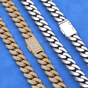 Hip hop style S925 sterling silver Cuban link chains in gold diamond and silver finish