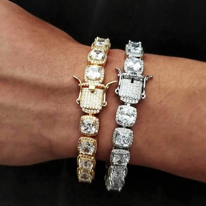 Bracelet hip hop 10mm pour homme avec zircons carrés en finitions or et argent