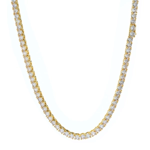 Close-up of golden tennis chain necklace featuring round zircon stones and a square clasp