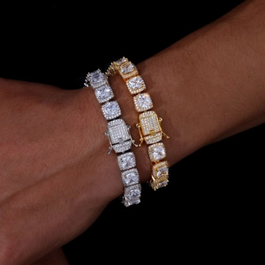 Bracelets hip-hop de 10 mm en or et argent avec maillons carrés sertis de zircons cubiques
