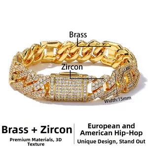 Macro detail of 15mm Cuban link bracelet with brass base and cubic zirconia pavé stones