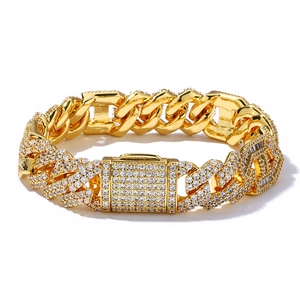 Macro shot of 15mm gold-plated Cuban link bracelet with high-density pave zircon stones