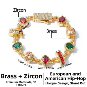 Detailed close-up of golden hip hop chain with vibrant colored zircon stones and brass