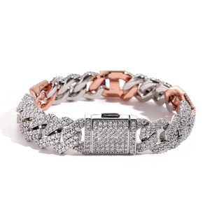 15mm two-tone hip hop cuban chain bracelet with pavé cubic zirconia in silver and rose gold