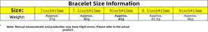 Size chart for hip-hop bracelet showing lengths 7-9 inches, 15mm width and weight data