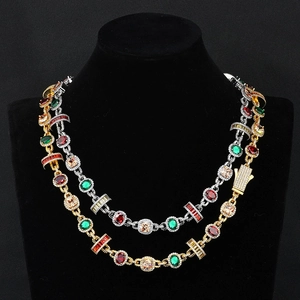 Collier hip hop avec pierres précieuses colorées en placage or et argent
