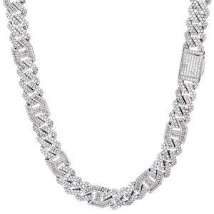 Detailed close-up of 15mm silver hip hop Cuban chain with baguette and round zircons