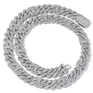 Hip hop S925 silver Cuban link necklace with pave-set moissanite diamonds on white background