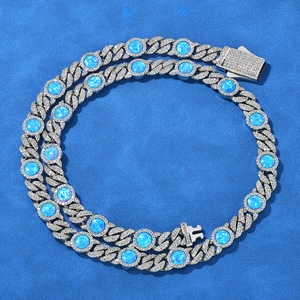Hip Hop Blue Opal Cuban Link Necklace For Men Iced Out Zirconia Tennis Chain 18k Gold Plated Luxury Jewelry Gift