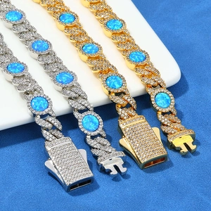 Hip hop S925 silver Cuban link bracelet with blue opal and sparkling pavé diamonds
