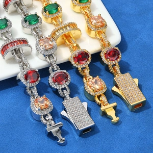 Luxurious iced-out bracelets with colorful gemstones in silver and gold tone plating