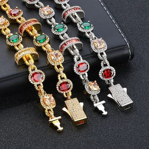Bracelets hip-hop avec pierres précieuses colorées et placage or et argent