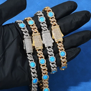 Hip hop 8mm cuban chain bracelet in gold and silver with blue opal stones and zircon clasp