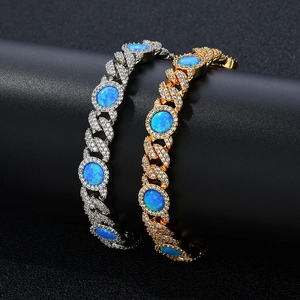 Set de bracelets cubains 8mm hip hop avec opale bleue et zircon en argent et or poli
