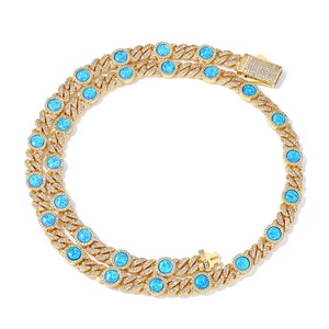 Iced out gold Cuban link chain necklace with blue opal stones and pave diamonds for men