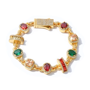 Luxurious gold-plated hip-hop bracelet with colorful gemstones and iced-out crystals