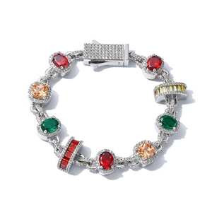 Luxurious hip hop bracelet with colorful emerald and ruby stones in silver finish
