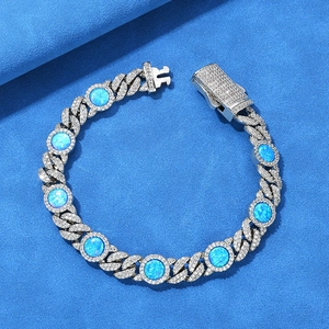 Bracelet Hip Hop 8mm Opale Bleue Maille Gourmette Cuivre Zirconia Incrusté Iced Out Bijoux de Luxe Homme Femme