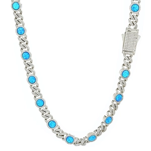 Detailed close-up of S925 silver Cuban link necklace with blue opal stones and pavé zircon