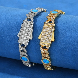 Hip hop iced out 8mm Cuban link necklace with blue opal stones in gold and silver finish
