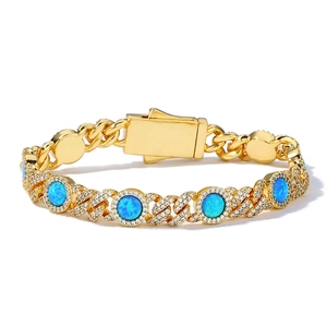 Bracelet cubain pour homme en or 18 carats avec opales bleues et zircons blancs sertis
