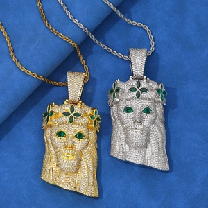 Hip Hop Men Jesus Head Piece Pendant Necklace Copper Iced Out White Zirconia Green Eye Rope Chain Gold Silver Jewelry