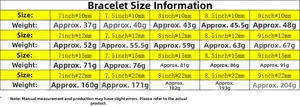 Size chart for Cuban link bracelets showing various lengths, widths and weight data