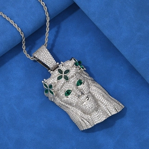 Hip hop Jesus head pendant necklace with silver plating and white green cubic zirconia