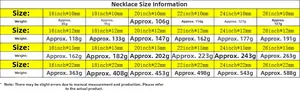 Size chart showing width 10-22mm and length 16-26 inch for Cuban link chain jewelry