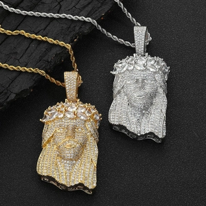Collier Pendentif Tête de Jésus Hip Hop en Cuivre Serti de Zirconium Or Argent Chaîne Torsadée Bijoux de Mode pour Homme