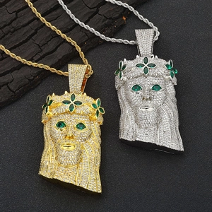 Hip Hop Jesus Kopf Anhänger Halskette Kupfer Iced Out Weiß Grün Zirkonia Herren Mode Streetwear Schmuck Funkelnde Retro Religiöse Halskette