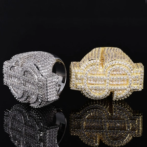 Hiphop dollar sign rings in gold and silver with shimmering cubic zirconia stones