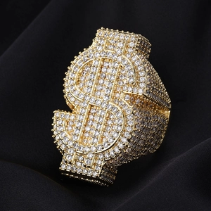 Hip hop gold dollar sign ring with sparkling white cubic zirconia micro-pave setting