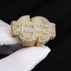 Hip-hop gold plated double dollar sign ring with sparkling cubic zirconia stones