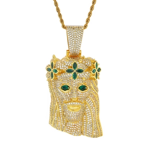 Hip hop gold Jesus piece pendant necklace with white crystals and green stone eyes