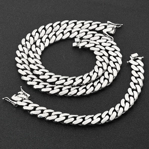 Polished S925 sterling silver Cuban link chain necklace and bracelet set with safety clasp