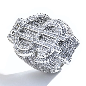 Hip hop men's ring with double dollar signs and iced out white stones in silver finish