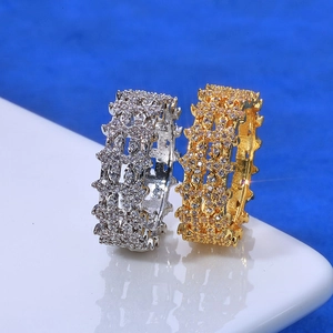 Hip Hop Iced Out Wide Band Copper Zirconia Ring For Men Unisex Geometric Cross Pattern Gold Silver Plated Trendy Streetwear Jewelry