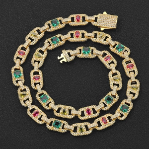 Collier Chaîne Hip Hop de Luxe en Cuivre Plaqué Or 18K Avec Zircone Cubique Colorée Iced Out Pour Hommes Femmes Bijoux