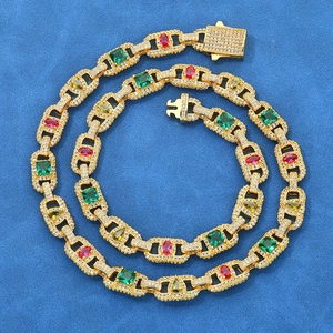 Chaîne Hip Hop 8mm sertie de pierres précieuses multicolores et zircons plaqués or luxe